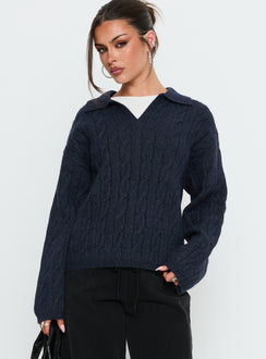 front view of model wearing Princess Polly Brodey Collared Cable Knit Sweater Navy Jumpers 