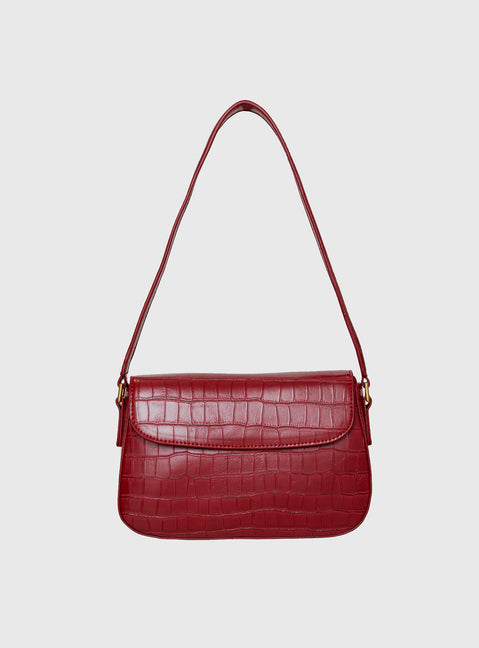 Faux croc leather shoulder bag Gold-toned hardware, zip and button fastening, internal zip & slip pockets, flat base
