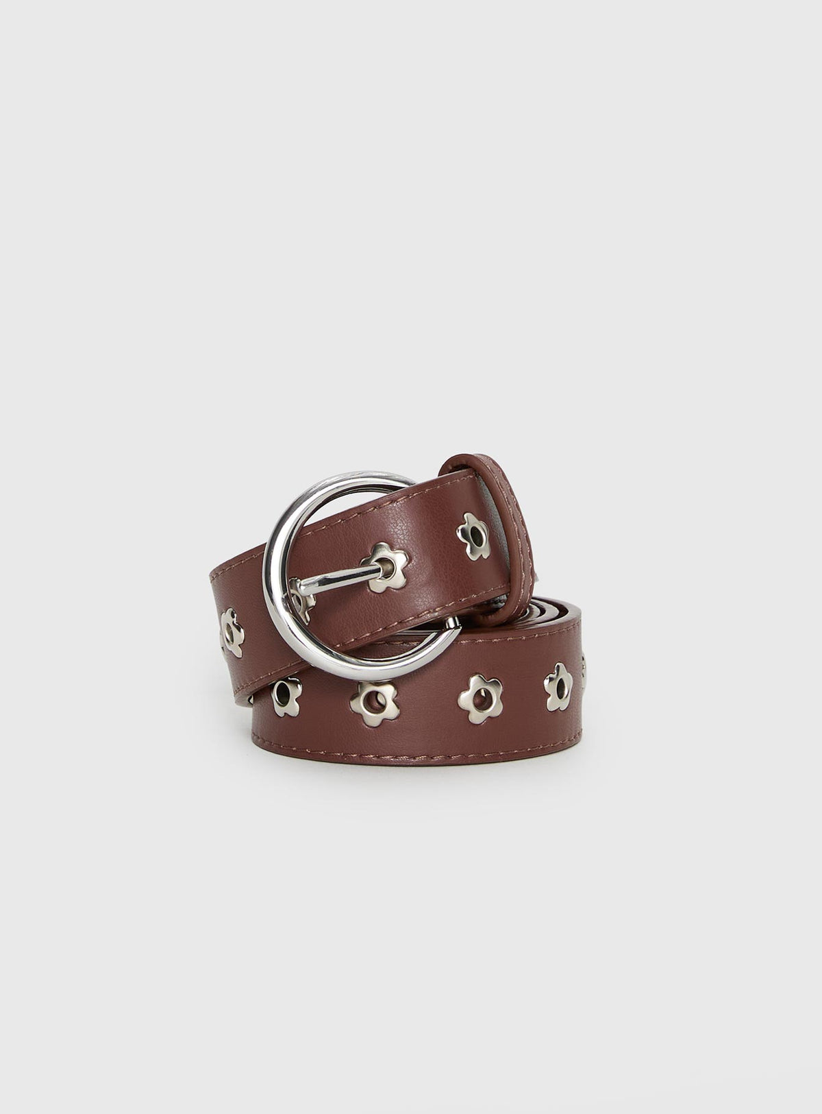 Alstro Faux Leather Flower Studded Belt Brown / Silver