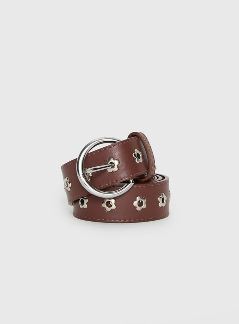 Alstro Faux Leather Flower Studded Belt Brown / Silver