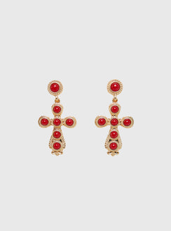 Oakwood Cross Earrings Gold / Red