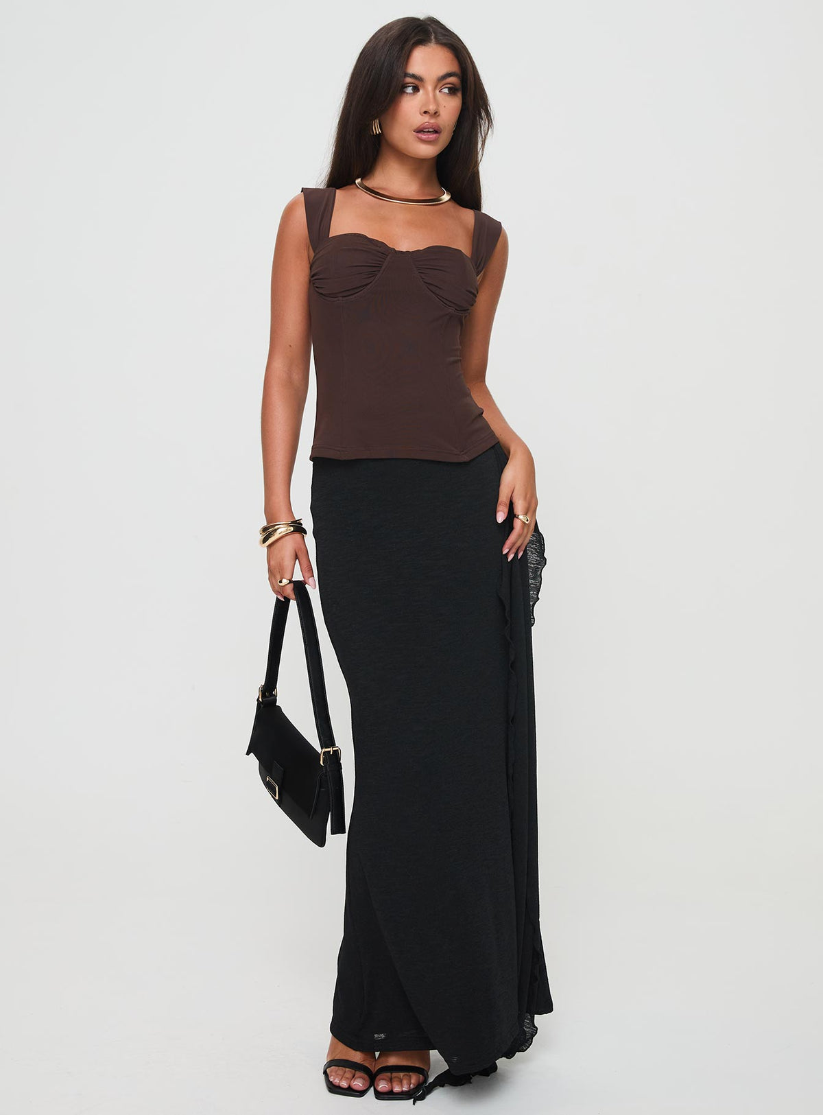 front view of model wearing Princess Polly Kyrie Longline Corset Top Brown Sleeveless Sweetheart 