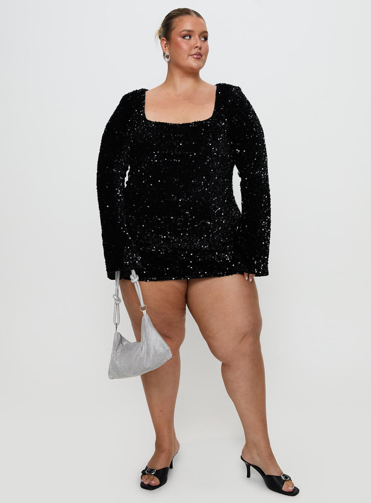 front view of model wearing Princess Polly Vinelle Long Sleeve Mini Dress Black Curve Square Neck 