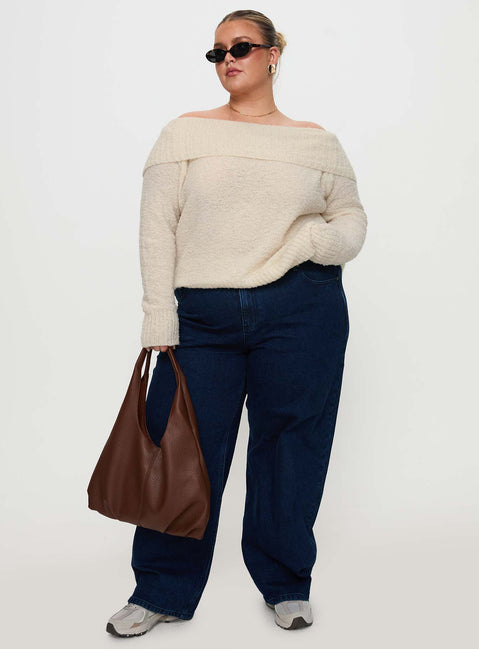front view of model wearing Princess Polly Parkley Boucle Off The Shoulder Cream Curve Jumpers 