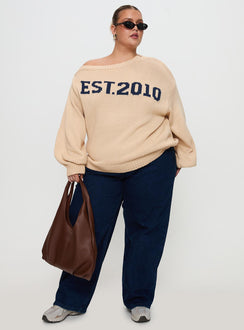 front view of model wearing Princess Polly Jadynn Off Shoulder Knit Sweater Cream Curve Jumpers 