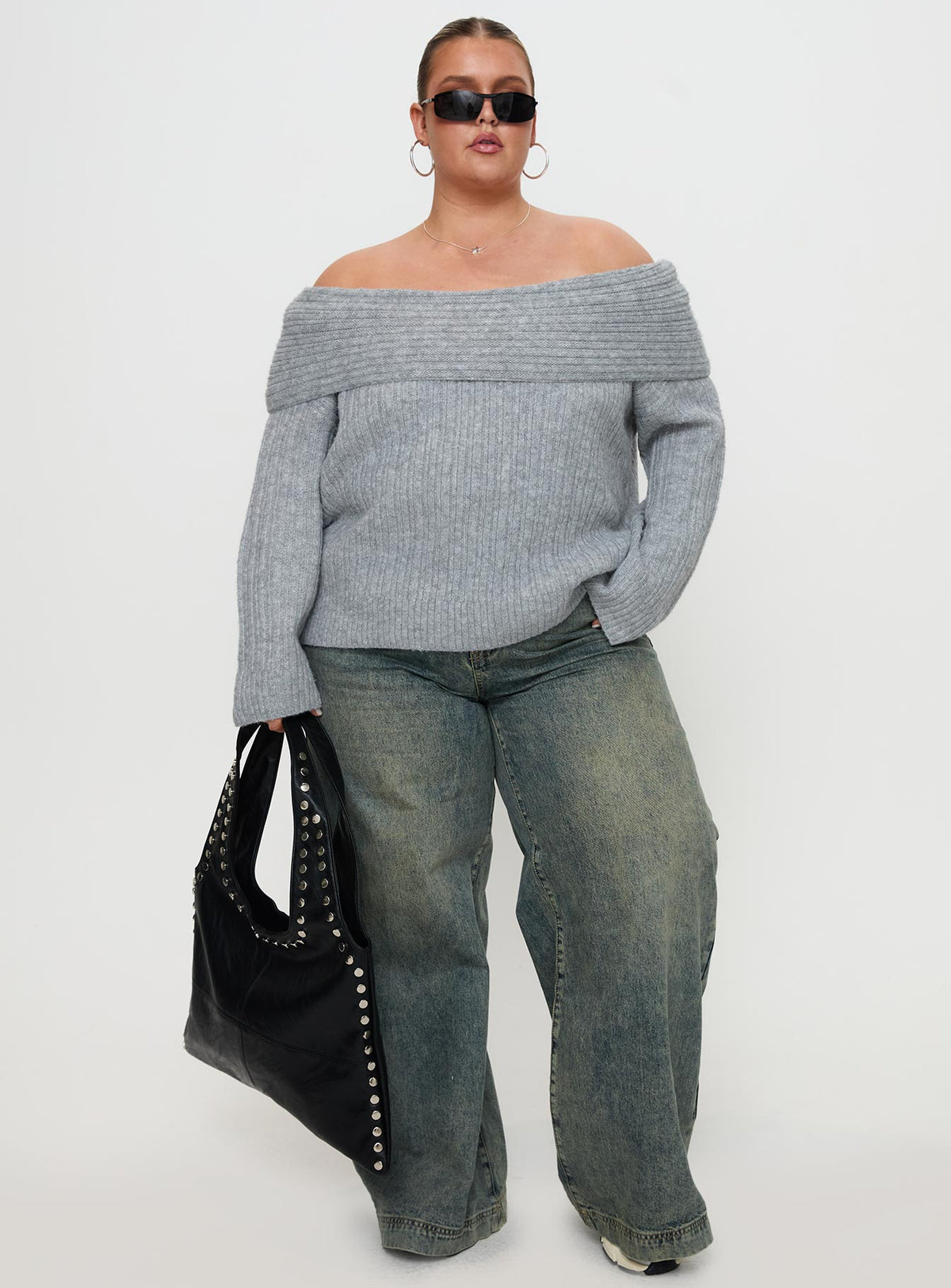 front view of model wearing Princess Polly Snowie Off Shoulder Knit Sweater Grey Curve Jumpers 