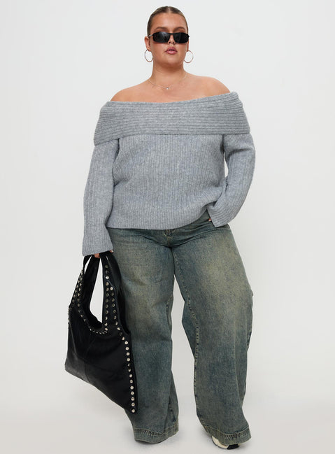 front view of model wearing Princess Polly Snowie Off Shoulder Knit Sweater Grey Curve Jumpers 