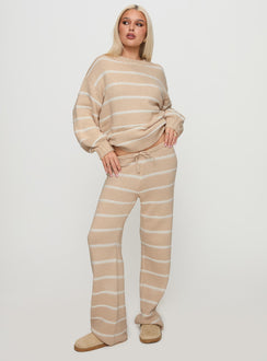 front view of model wearing Princess Polly Read Your Mind Knit Pant Cream Stripe High Rise Pants Pants 