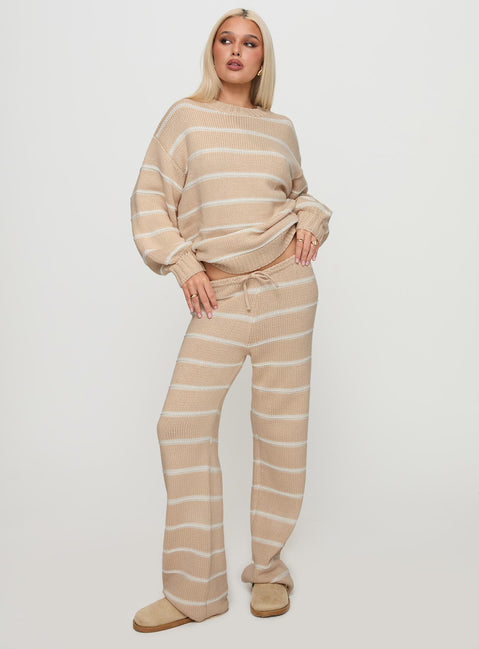 front view of model wearing Princess Polly Read Your Mind Knit Pant Cream Stripe High Rise Pants Pants 