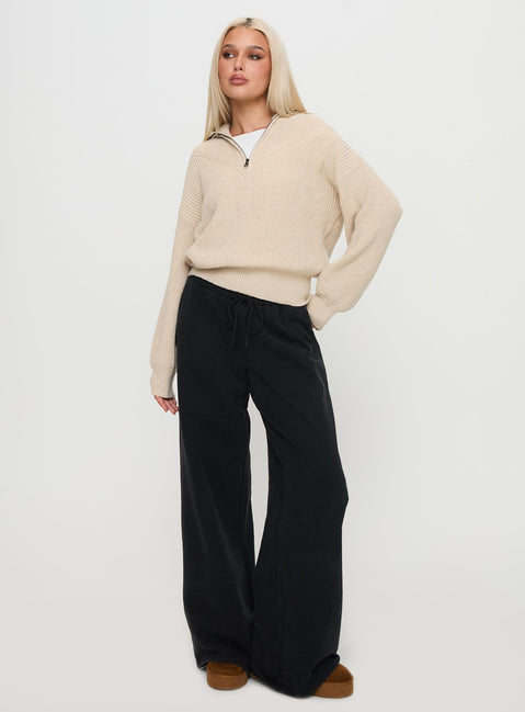side view of model wearing Princess Polly Fireheart Zip Through Knit Sweater Beige Cropped Jumpers Jumpers 