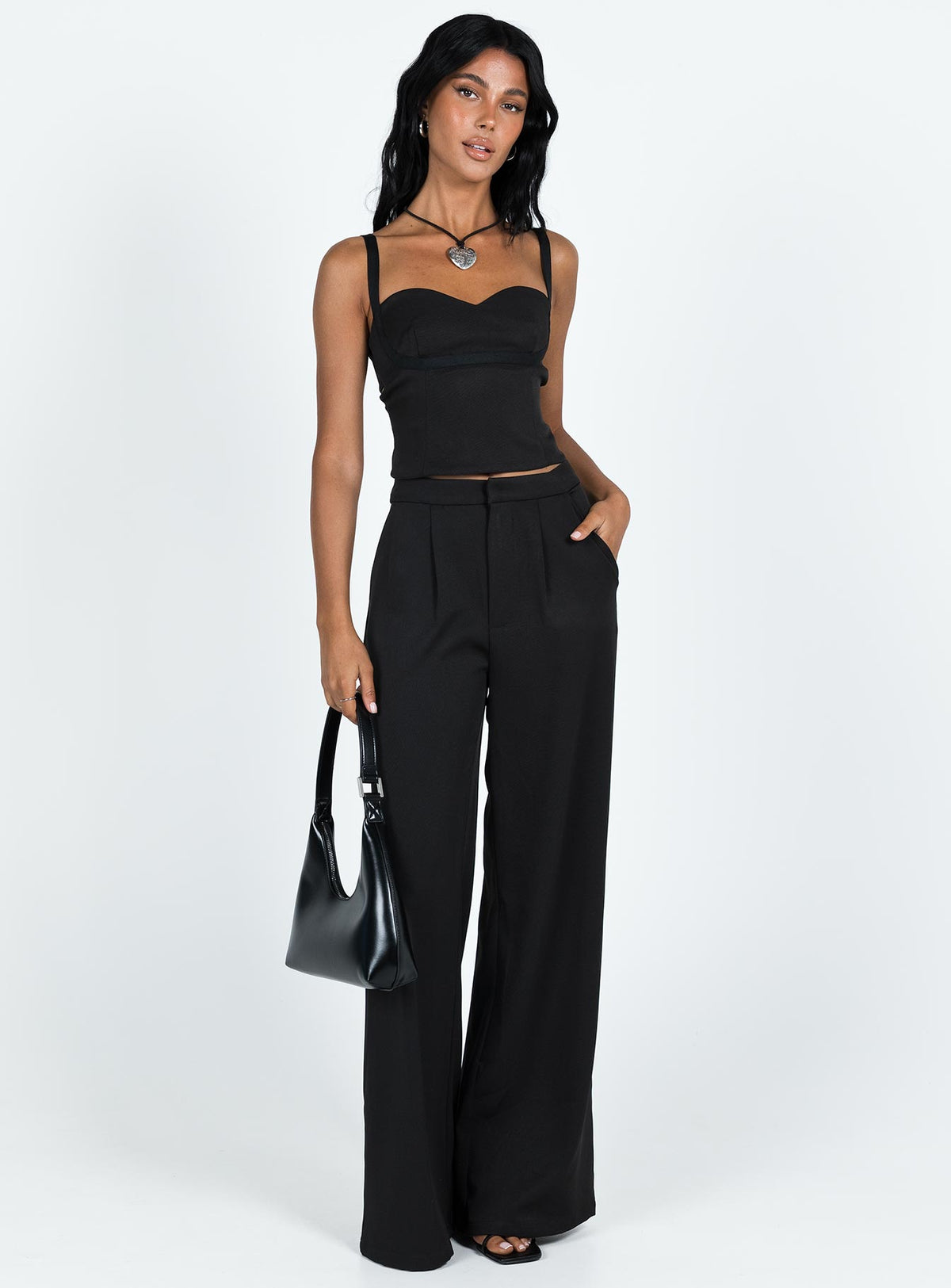 Matching set Crop top Adjustable shoulder straps Sweetheart neckline Zip fastening at back Tailored pants Zip and clasp fastening Twin hip pockets Stuble pleats at waist Straight leg