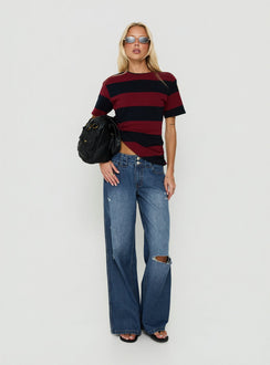 Designed with Ramos Low Rise Double Button Distressed Wide Leg Denim Jeans in Mid Blue womens jeans detail view of model wearing Princess Polly