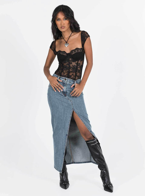back view of model wearing Princess Polly Cadrot Lace Bodysuit Black Short Sleeve Bodysuit 
