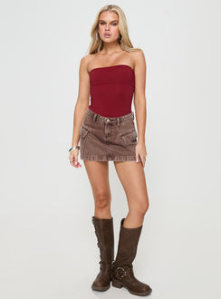 front view of model wearing Princess Polly Niner Strapless Bodysuit Burgundy Sleeveless Bodysuit 