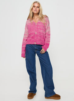 front view of model wearing Princess Polly Emikio Cardigan Ombre Pink regular Jumpers 
