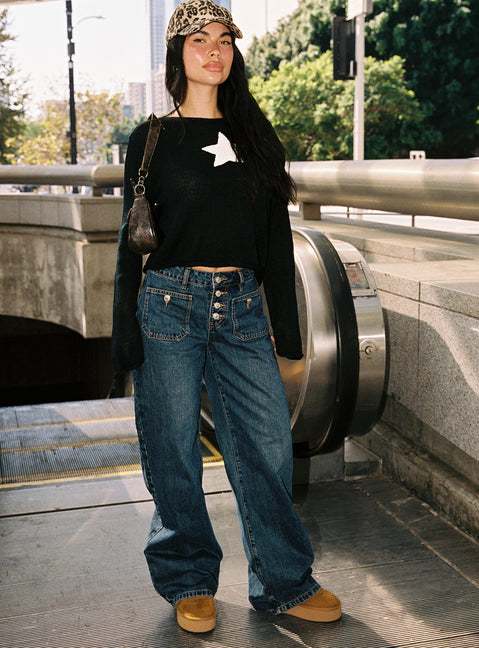 front view of model wearing Princess Polly Carianne Low Rise Wide Leg Jeans Dark Wash High Rise Jeans Jeans 