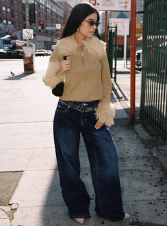 front view of model wearing Princess Polly Savenna Mid Rise Wide Leg Jeans Dark Wash / Leopard High Rise Jeans Jeans 