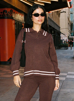 front view of model wearing Princess Polly Square One Collared Jumper Brown / Cream Longline Jumpers Jumpers 
