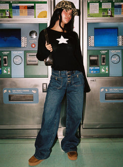 front view of model wearing Princess Polly Big Star Knit Sweater Black Cropped Jumpers Jumpers 