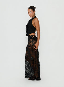 Styled with the Marenya Lace Maxi Skirt Black womens-skirts in fitted maxi length side view of model wearing Princess Polly