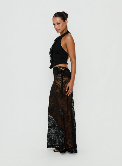 Styled with the Marenya Lace Maxi Skirt Black womens-skirts in fitted maxi length side view of model wearing Princess Polly