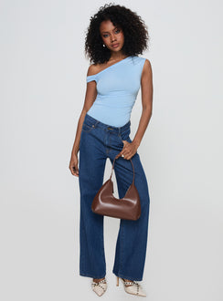 side view of model wearing Princess Polly Beller Bodysuit Blue Short Sleeve Bodysuit 