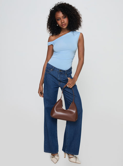 side view of model wearing Princess Polly Beller Bodysuit Blue Short Sleeve Bodysuit 