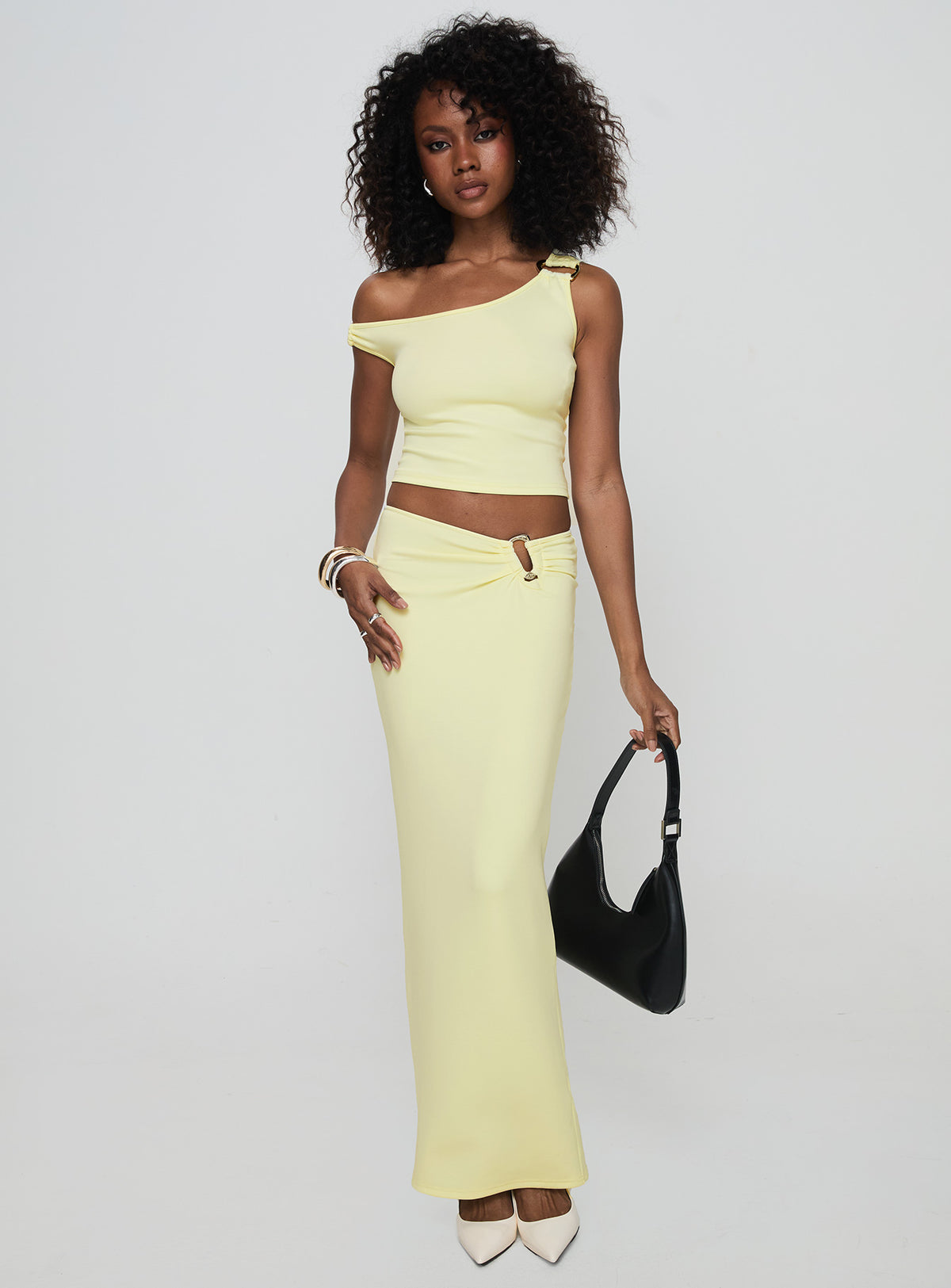   front view of model wearing Princess Polly Whiley Maxi Skirt Cream Maxi Skirts Skirts 
