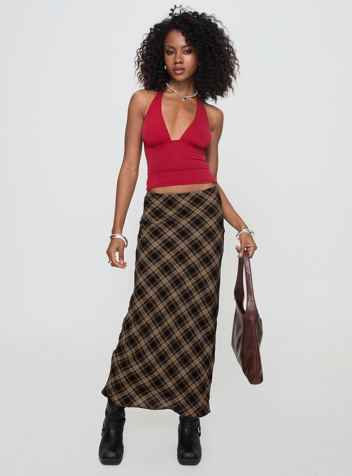   front view of model wearing Princess Polly Hayze Maxi Skirt Brown Check Maxi Skirts Skirts 