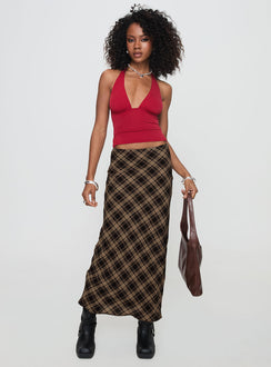   front view of model wearing Princess Polly Hayze Maxi Skirt Brown Check Maxi Skirts Skirts 