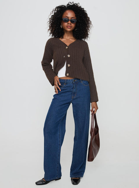 side view of model wearing Princess Polly Romona Knit Cardigan Chocolate Cropped Jumpers Jumpers 