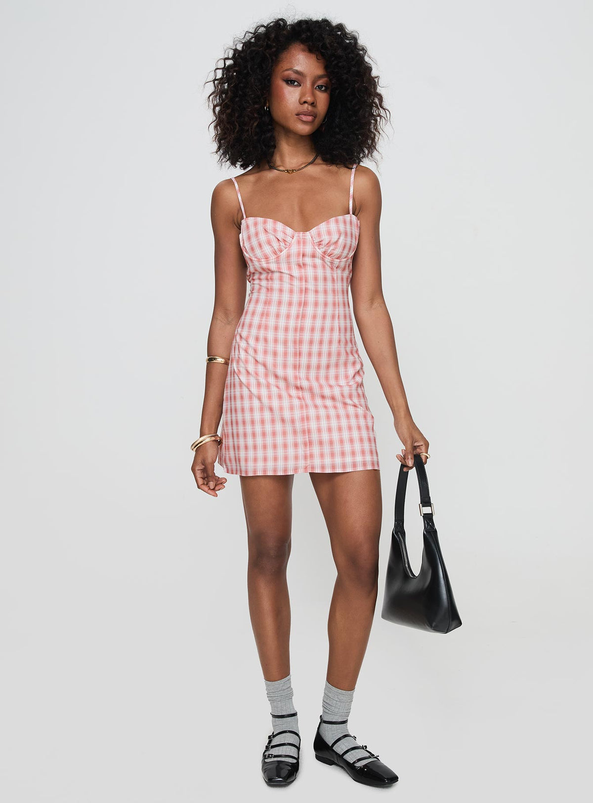 front view of model wearing Princess Polly Poto Mini Dress Pink Check Sweetheart Neckline 