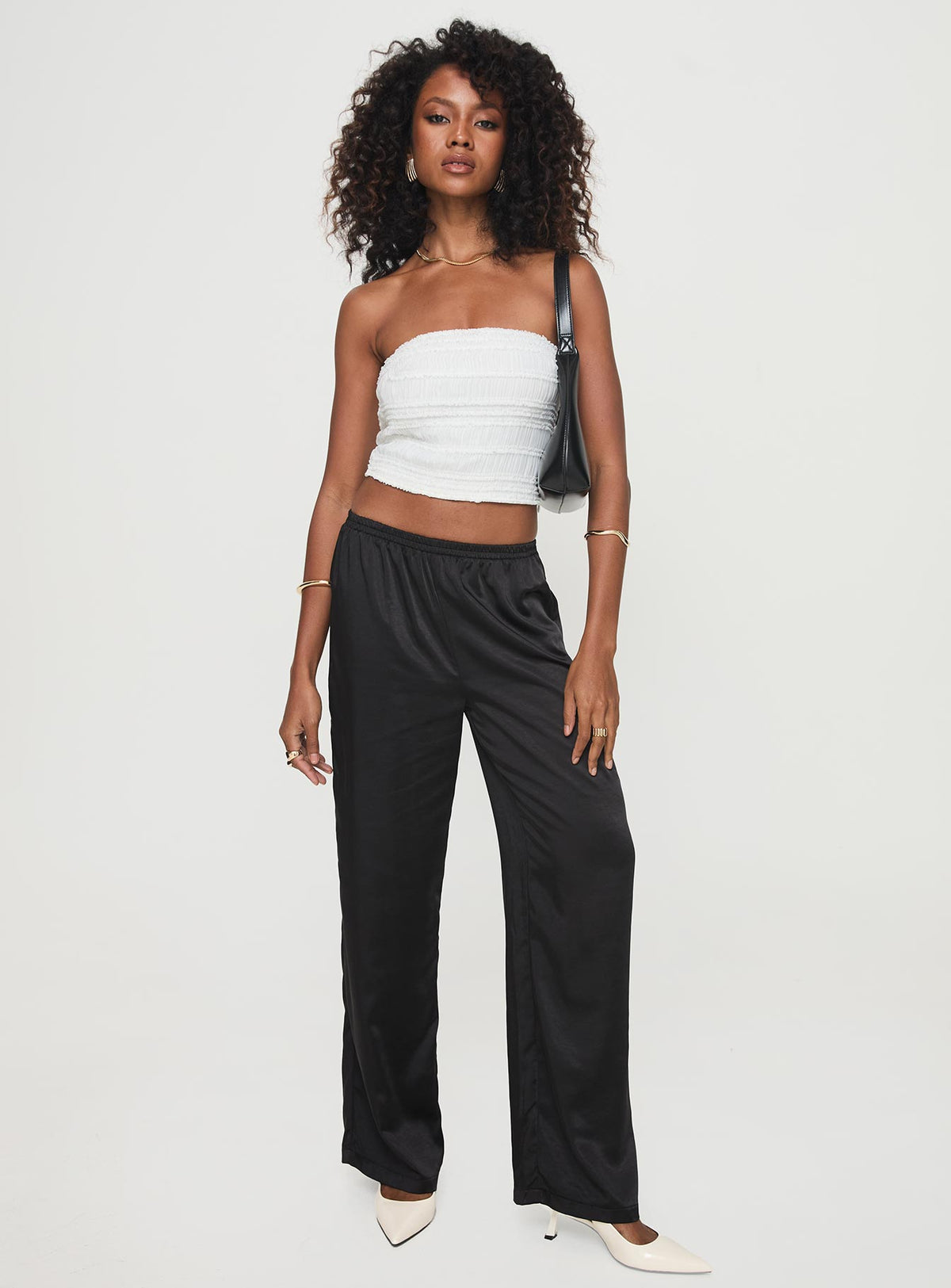 side view of model wearing Princess Polly Lelande Tube Top White Sleeveless straight 