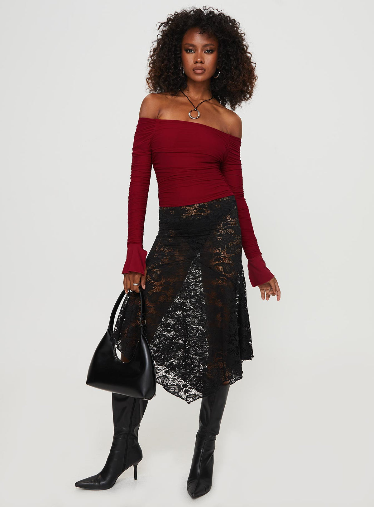 front view of model wearing Princess Polly Moreno Off The Shoulder Top Burgundy Full Sleeves straight 