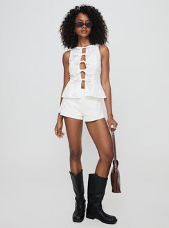 front view of model wearing Princess Polly Luminary Tie Up Top White Sleeveless Crew Neck 