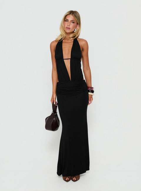Makeina Backless Plunge Jersey Maxi Dress Black