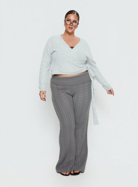 side view of model wearing Princess Polly Baleigh Cable Knit Foldover Pants Grey Curve High Rise Pants Pants 