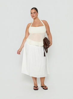 Featuring the Heart Of Gold Linen Blend Midi Skirt White Curve in womens-skirts with midi length front view of model wearing Princess Polly