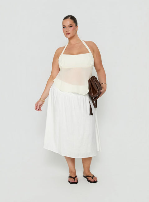 Featuring the Heart Of Gold Linen Blend Midi Skirt White Curve in womens-skirts with midi length front view of model wearing Princess Polly