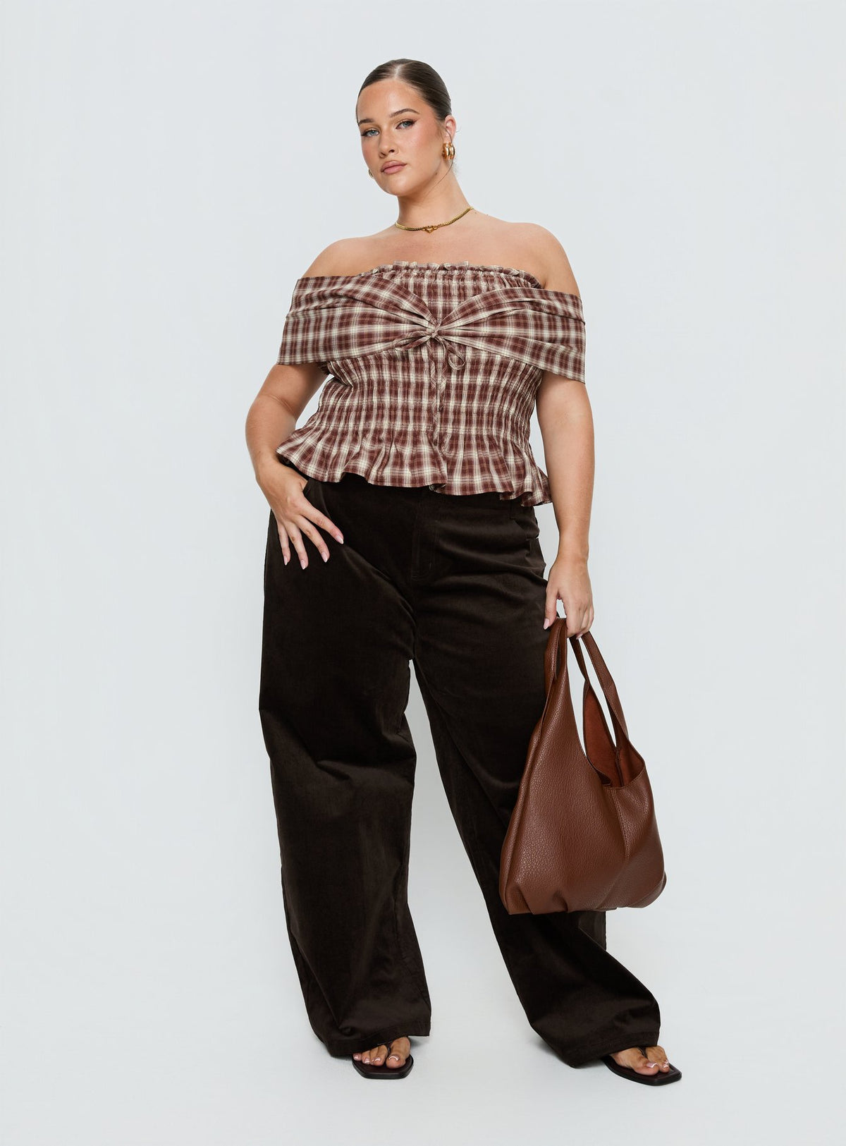 front view of model wearing Princess Polly Kenza Wide Leg Corduroy Pant Brown Curve Mid Rise Pants Pants 