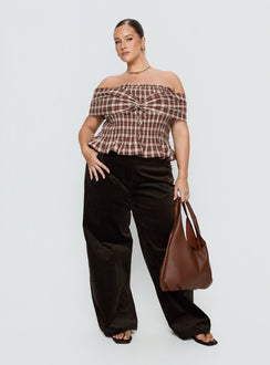 front view of model wearing Princess Polly Kenza Wide Leg Corduroy Pant Brown Curve Mid Rise Pants Pants 