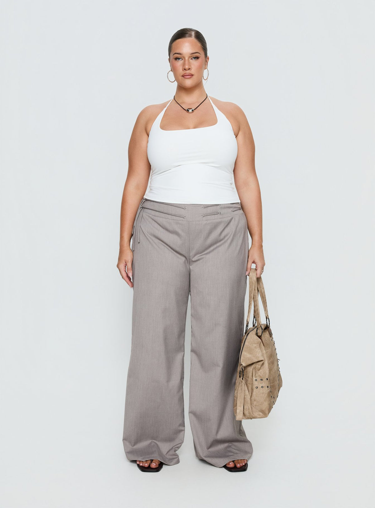 front view of model wearing Princess Polly Just Have Fun Wide Leg Pant Grey Curve Mid Rise Pants Pants 