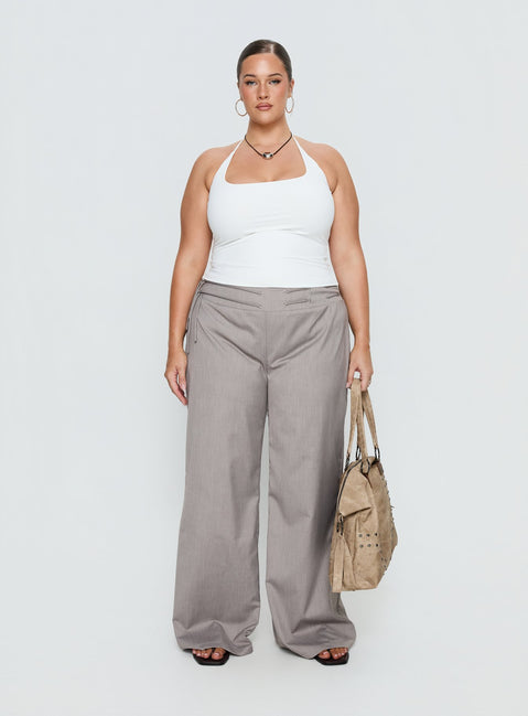 front view of model wearing Princess Polly Just Have Fun Wide Leg Pant Grey Curve Mid Rise Pants Pants 