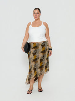 Designed with the Suella Asymmetrical Midi Skirt Animal Multi Curve in womens-skirts featuring fitted silhouette and frayed hem in animal-leopard print Princess Polly