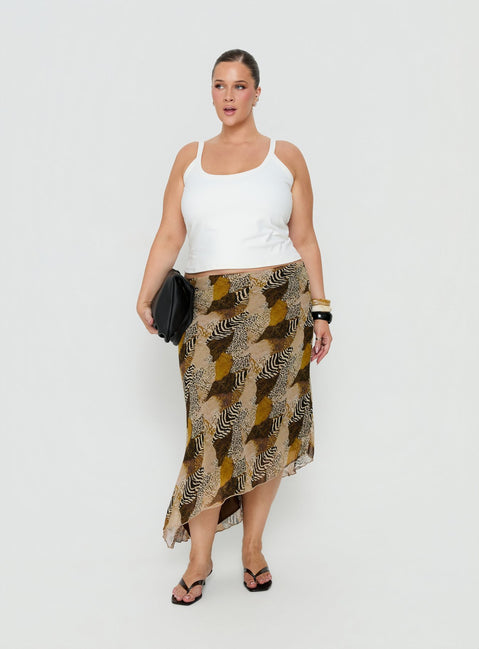 Designed with the Suella Asymmetrical Midi Skirt Animal Multi Curve in womens-skirts featuring fitted silhouette and frayed hem in animal-leopard print Princess Polly