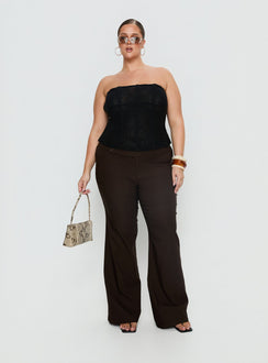 front view of model wearing Princess Polly Kinkirk Flared Pants Chocolate Curve Mid Rise Pants Pants 