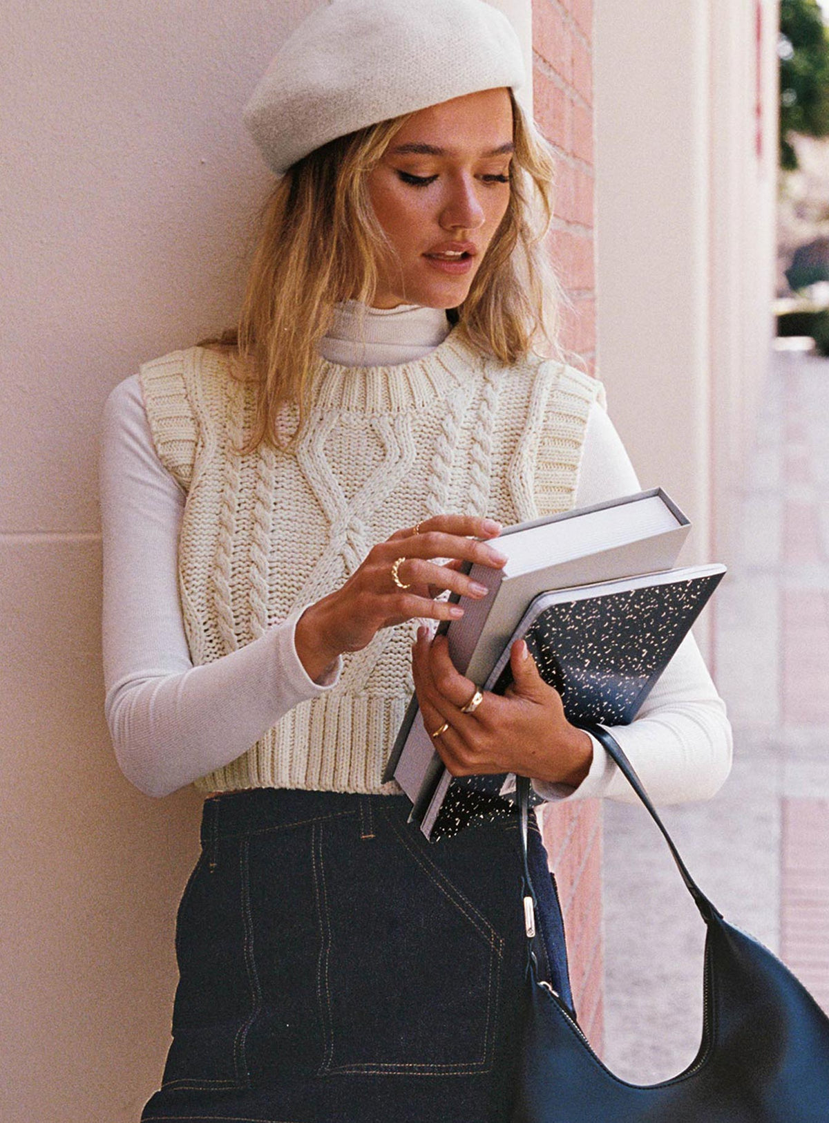 back view of model wearing Princess Polly Carey Sweater Vest Beige Cropped Jumpers Jumpers 