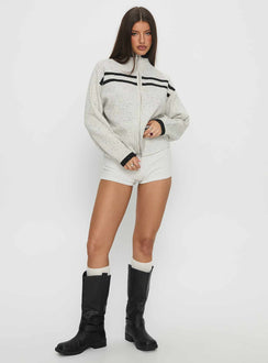 side view of model wearing Princess Polly Overstayed Zip Through Cardigan Grey Jumpers 
