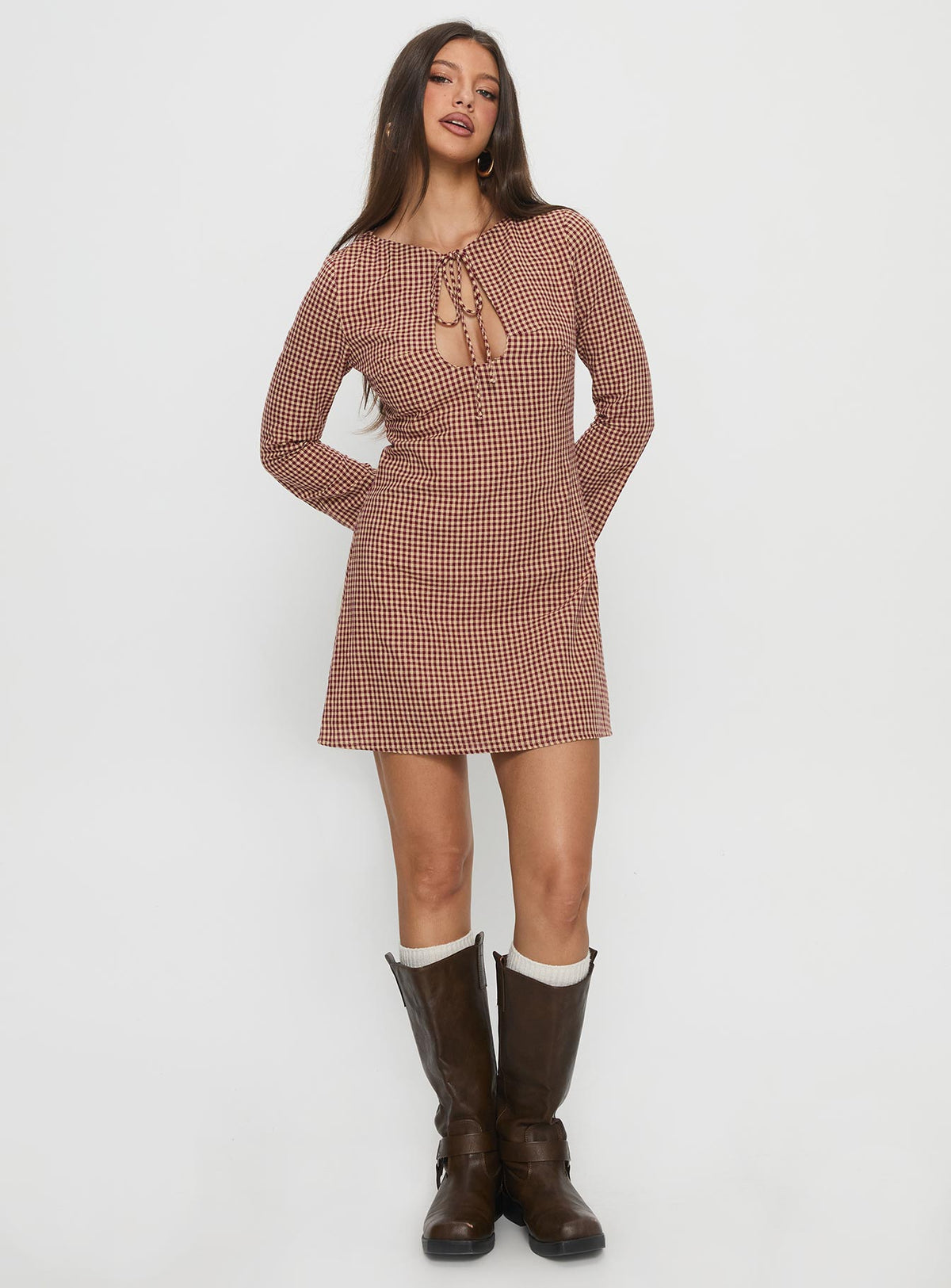 Kassidee Keyhole Long Sleeve Mini Dress Red Check