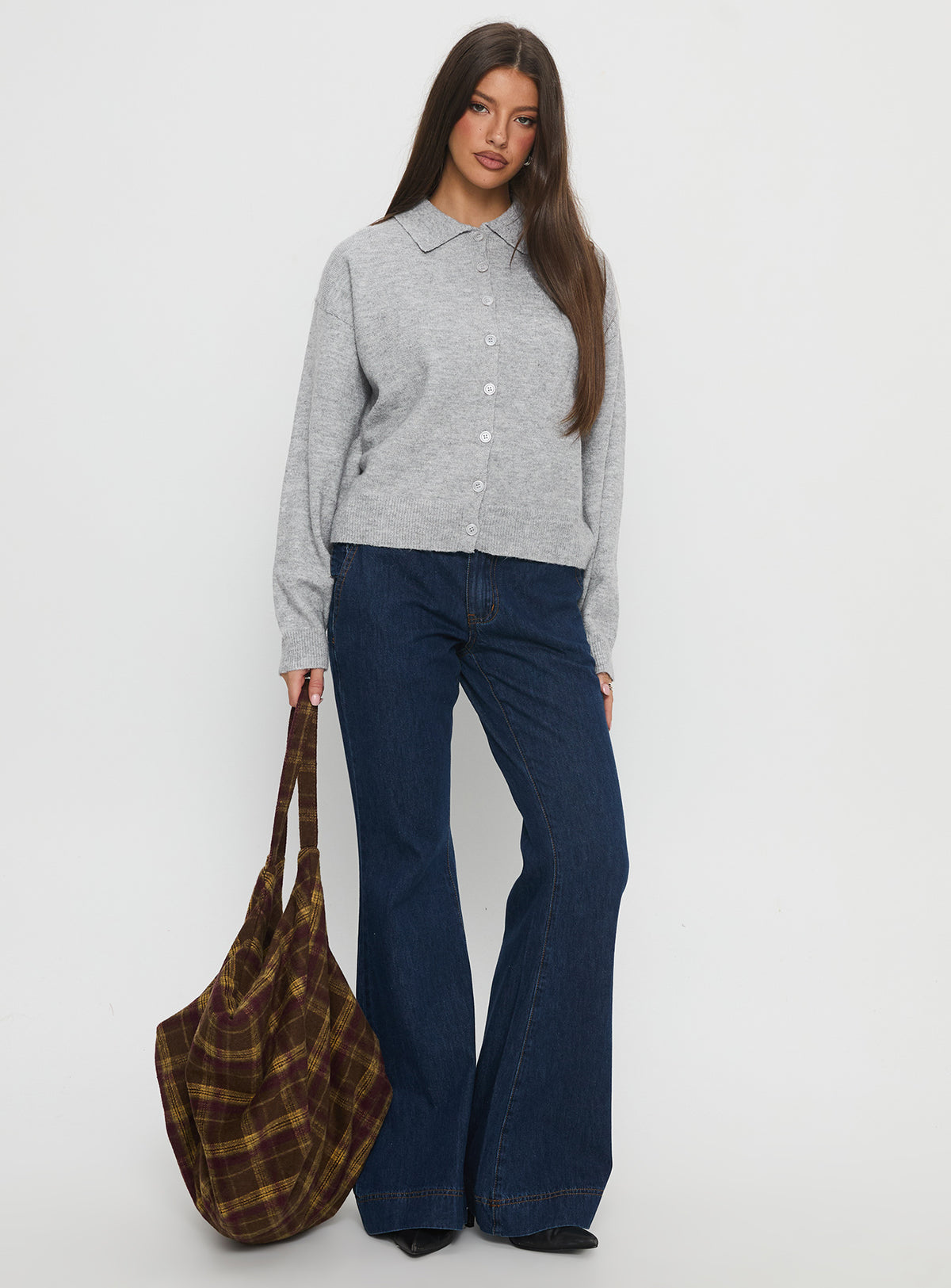back view of model wearing Princess Polly Nadyna Collared Cardigan Grey Marle Jumpers 